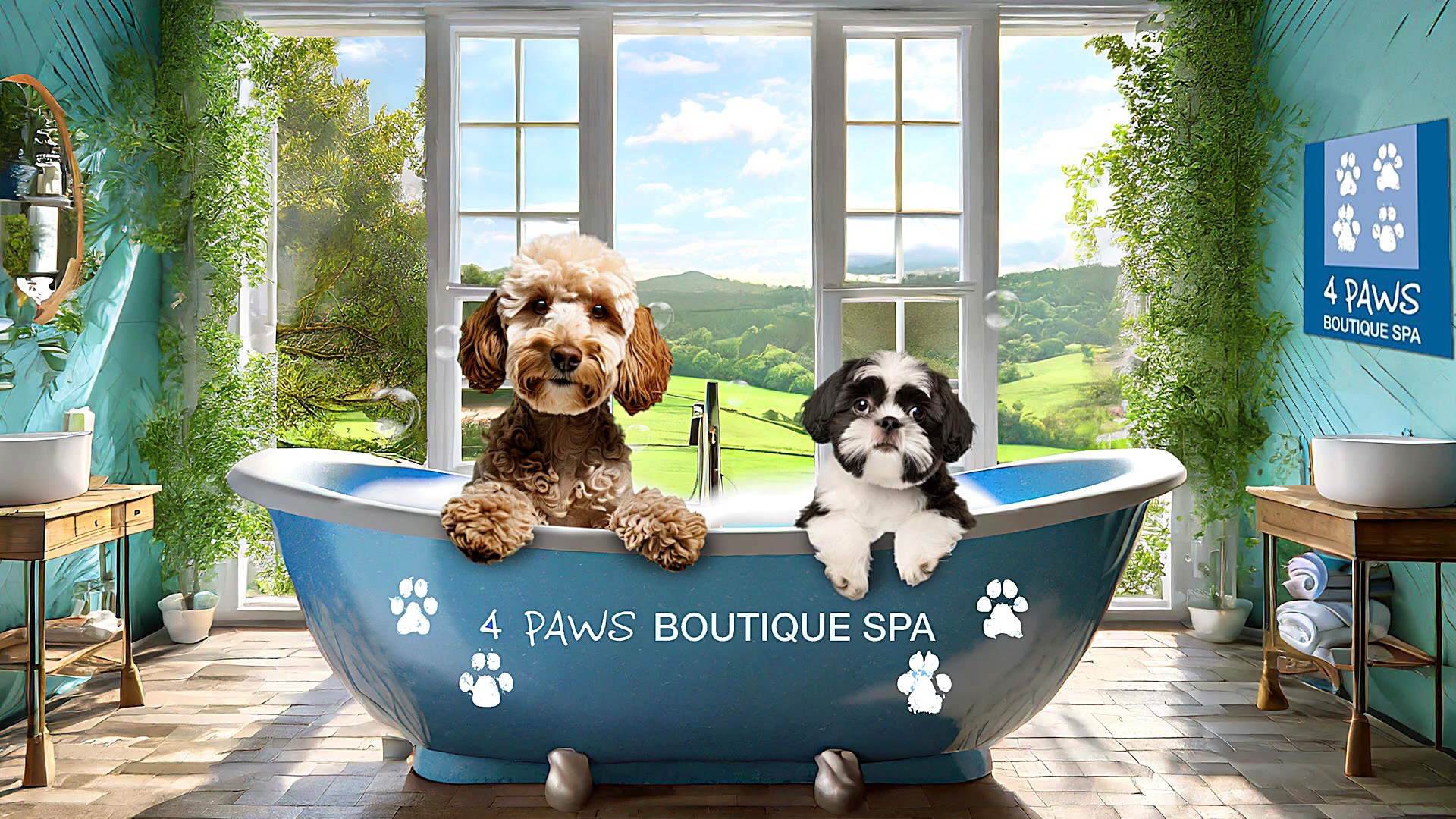 Two dogs relaxing in a 4 Paws Boutique Spa bathtub